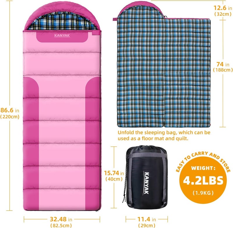 Kanyak Cotton Flannel Lined Sleeping Bag for Adults Teens Kids, Cold Weather &Warm, 3 Seasons, Lightweight Compact Camping Essentials Equipment, Hiking, Outdoor, Travel - Image 2